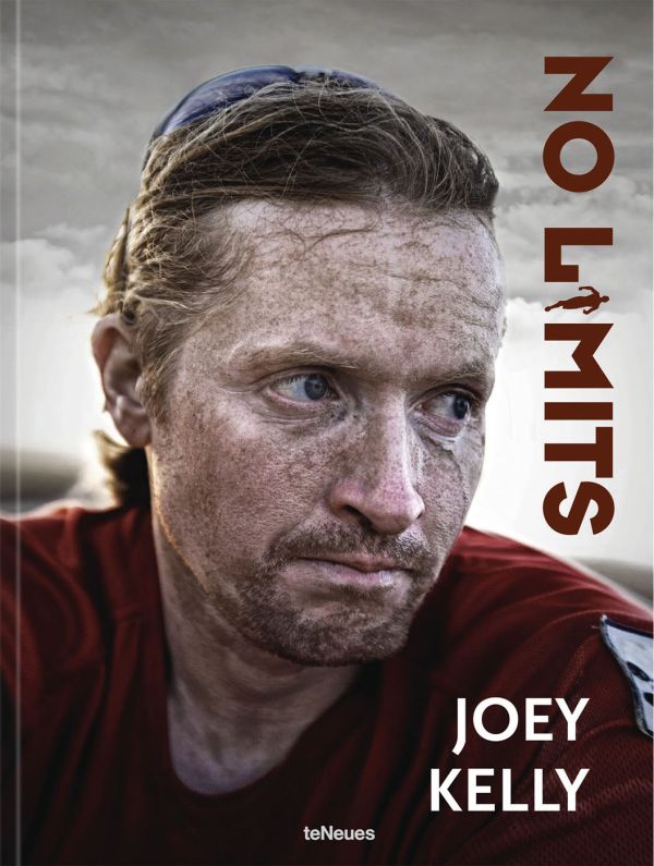 Book cover of No Limits, 7 Continents. 100,000 Kilometers. 100 Challenges, with athlete Joey Kelly with dirty, sweaty face. Published by teNeues Books.