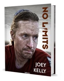 Book cover of No Limits, 7 Continents. 100,000 Kilometers. 100 Challenges, with athlete Joey Kelly with dirty, sweaty face. Published by teNeues Books.