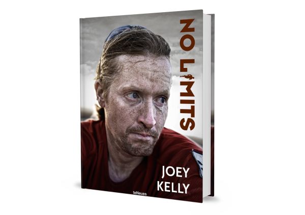Book cover of No Limits, 7 Continents. 100,000 Kilometers. 100 Challenges, with athlete Joey Kelly with dirty, sweaty face. Published by teNeues Books.