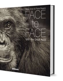 Book cover of Face to Face, With the Great Apes, with a close-up portrait of chimpanzee. Published by teNeues Books.