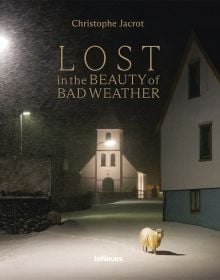 Sheep walking through snowy residential street at night, on cover of 'Lost in the Beauty of Bad Weather', by teNeues Books.