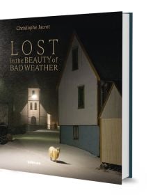 Book cover of Lost in the Beauty of Bad Weather, with a sheep walking through snowy residential street at night. Published by teNeues Books.