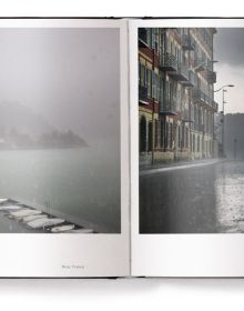 Sheep walking through snowy residential street at night, on cover of 'Lost in the Beauty of Bad Weather', by teNeues Books.