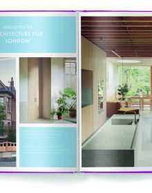 Aerial view of wood floor with woven rug, wooden plate with green palm leaf, on purple cover of 'Eco Materials, Decorating with Ecological Materials', by teNeues Books.