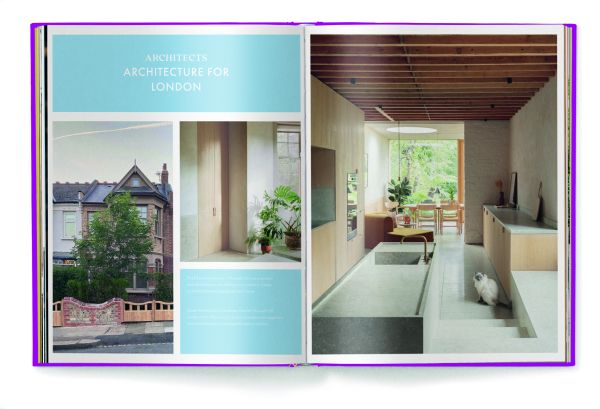 Aerial view of wood floor with woven rug, wooden plate with green palm leaf, on purple cover of 'Eco Materials, Decorating with Ecological Materials', by teNeues Books.