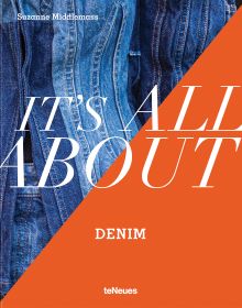 Mid-blue denim jacket to upper left portion of cover, orange below, on 'It’s All About Denim', by teNeues Books.