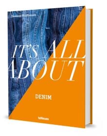 Book cover of It’s All About Denim, with blue denim jacket. Published by teNeues Books.