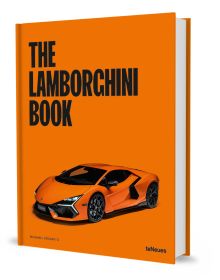 Book cover of The Lamborghini Book, with an orange Lamborghini Revuelto, 2024. Published by teNeues Books.