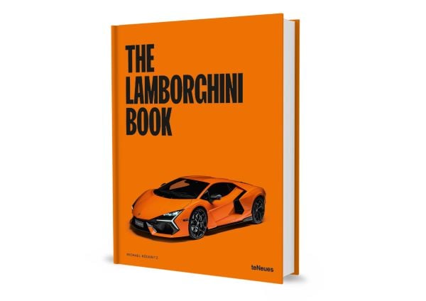 Book cover of The Lamborghini Book, with an orange Lamborghini Revuelto, 2024. Published by teNeues Books.
