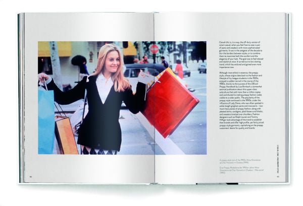 Book cover of The 1990s Fashion Book', with model Kate Moss wearing a black silk dress, sitting on white chair, smoking a cigarette. Published by teNeues Books.