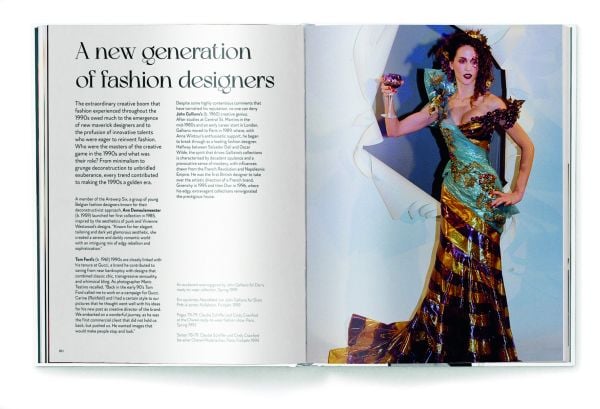 Book cover of The 1990s Fashion Book', with model Kate Moss wearing a black silk dress, sitting on white chair, smoking a cigarette. Published by teNeues Books.