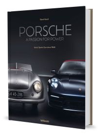Book cover of Porsche - A Passion for Power, Iconic Sports Cars since 1948, with front end of silver Porsche 356/1 and silver Porsche Vision 357. Published by teNeues Books.
