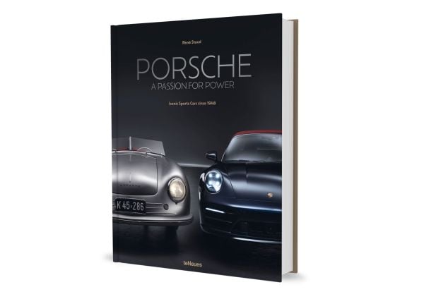 Book cover of Porsche - A Passion for Power, Iconic Sports Cars since 1948, with front end of silver Porsche 356/1 and silver Porsche Vision 357. Published by teNeues Books.
