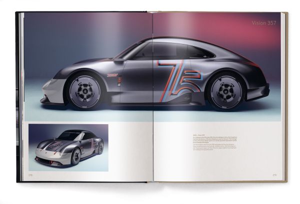 Book cover of Porsche - A Passion for Power, Iconic Sports Cars since 1948, with front end of silver Porsche 356/1 and silver Porsche Vision 357. Published by teNeues Books.