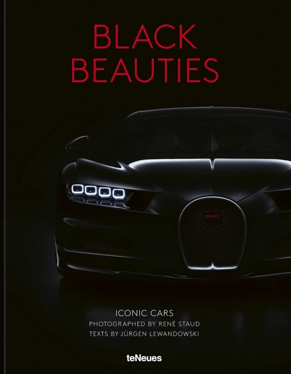 Book cover of Black Beauties, Iconic Cars with a black Bugatti Veyron Grand Sport Vitesse with illuminated lights. Published by teNeues Books.