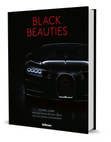 Book cover of Black Beauties, Iconic Cars with a black Bugatti Veyron Grand Sport Vitesse with illuminated lights. Published by teNeues Books.