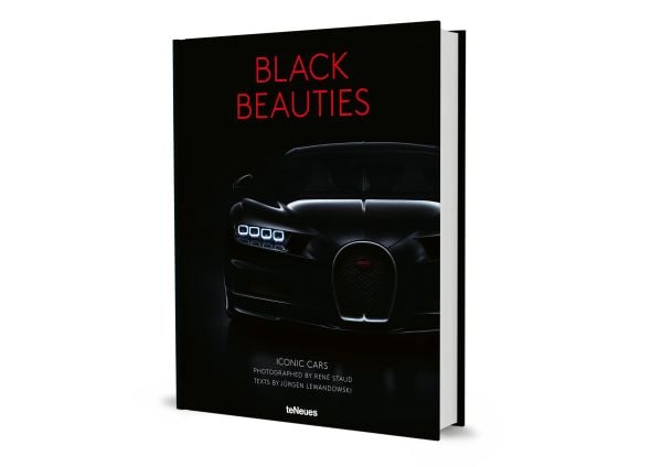Book cover of Black Beauties, Iconic Cars with a black Bugatti Veyron Grand Sport Vitesse with illuminated lights. Published by teNeues Books.