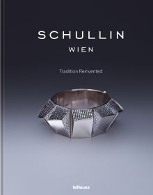 Chunky silver bangle encrusted with small diamonds to top and side edges, on grey cover of 'Schullin, Tradition Reinvented', by teNeues Books.