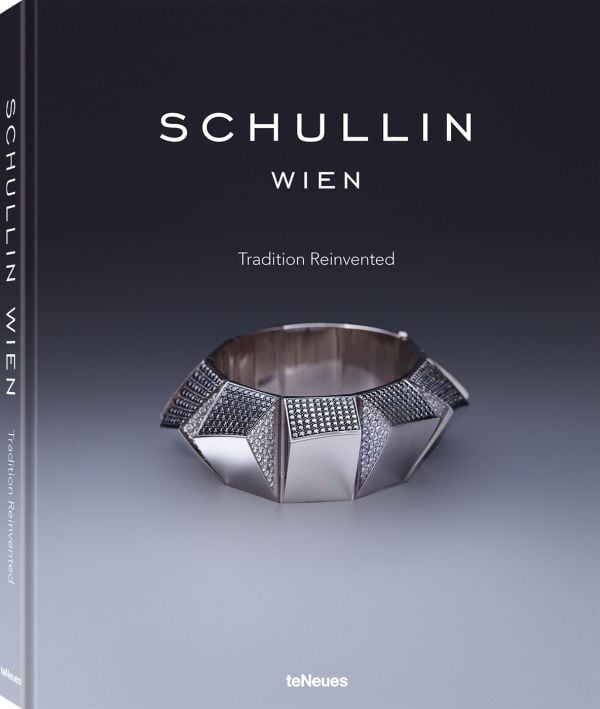 Book cover of Schullin, Tradition Reinvented, featuring a chunky silver bangle encrusted with small diamonds. Published by teNeues Books.