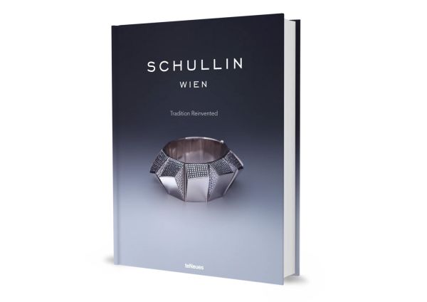 Book cover of Schullin, Tradition Reinvented, featuring a chunky silver bangle encrusted with small diamonds. Published by teNeues Books.
