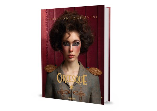 Book cover of Circesque, with a female circus performer with drawn on extended eyelashes, wearing braided jacket. Published by teNeues Books.