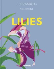 Print of purple and pink lily, on pale blue cover of 'Lilies', by teNeues Books.