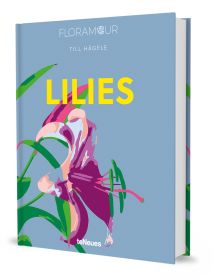 Print of purple and pink lily, on pale blue cover of 'Lilies', by teNeues Books.