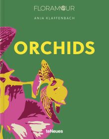 Print of pink and yellow orchid, on green cover of 'Orchids', by teNeues Books.