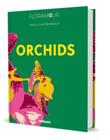 Print of pink and yellow orchid, on green cover of 'Orchids', by teNeues Books.