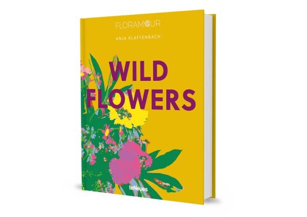 Yellow book cover of Anja Klaffenbach's Wild Flowers, with a a bouquet of pink and yellow flowers. Published by teNeues Books.