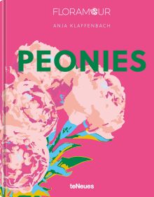 Pink book cover of Anja Klaffenbach's Peonies, with four pink flowers. Published by teNeues Books.