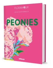 Pink book cover of Anja Klaffenbach's Peonies, with four pink flowers. Published by teNeues Books.