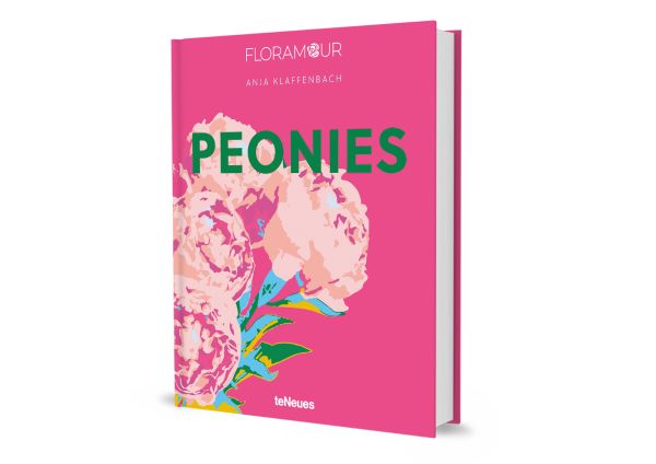 Pink book cover of Anja Klaffenbach's Peonies, with four pink flowers. Published by teNeues Books.