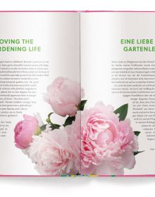 Pink book cover of Anja Klaffenbach's Peonies, with four pink flowers. Published by teNeues Books.