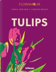 Purple book cover of Tulips, with four pink flowers. Published by teNeues Books.