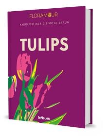 Purple book cover of Tulips, with four pink flowers. Published by teNeues Books.