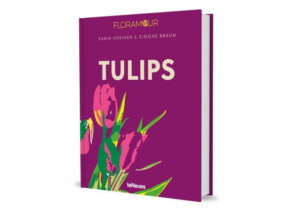 Purple book cover of Tulips, with four pink flowers. Published by teNeues Books.
