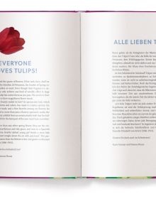Purple book cover of Tulips, with four pink flowers. Published by teNeues Books.