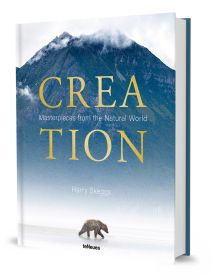 Book cover of Harry Skeggs' Creation: Masterpieces from the Natural World, with a brown bear walking past a mountain. Published by teNeues Books.