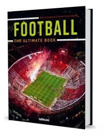 Aerial view of football stadium with red flares and ribbons, on cover of Football: The Ultimate Book, by teNeues Books.