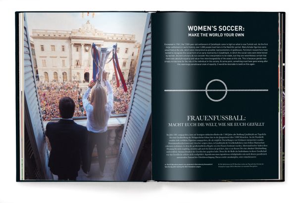 Aerial view of football stadium with red flares and ribbons, on cover of Football: The Ultimate Book, by teNeues Books.