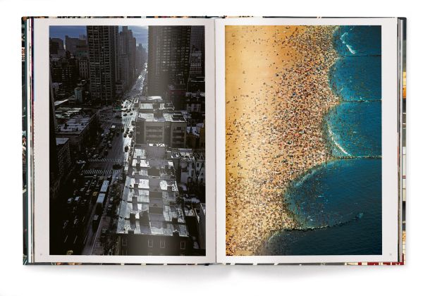Aerial view of busy New York street with people crossing the road, and yellow taxis, on cover of Thomas Hoepker's photobook. Published by teNeues Books.
