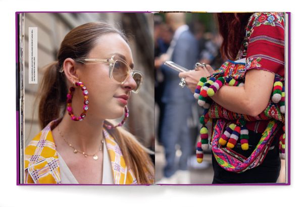 Book cover of Suzanne Middlemass's It’s All About Accessories, with a model wearing a yellow jacket and two large brooches to right lapel. Published by teNeues Books.