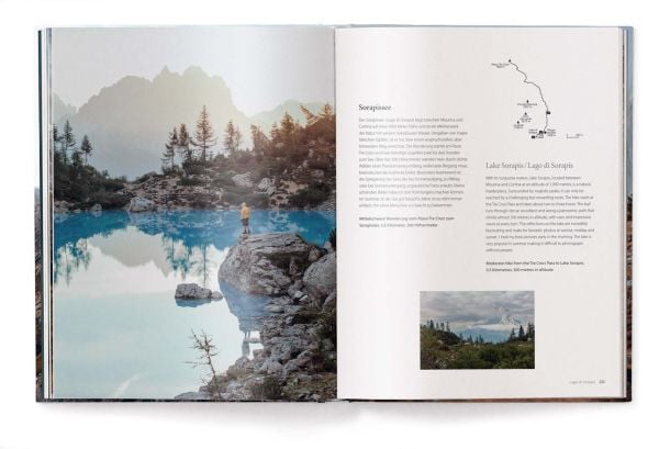 Book cover of Escape: Discovering the Dolomites: A Visual Journey and Adventures; featuring an adventurer standing on top of the Dolomite Mountains. Published by teNeues Books.