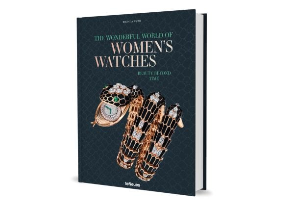 Book cover of The Wonderful World of Women's Watches: Beauty Beyond Time, featuring the Serpenti Misteriosi watch in rose gold specially made by Bulgari and worn by Elizabeth Taylor. Published by teNeues Books.