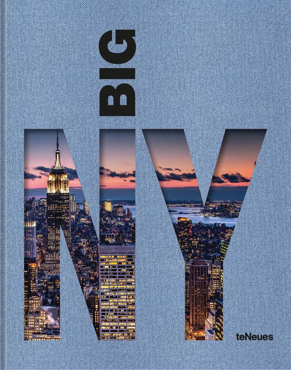 Book cover of BIG NEW YORK: The Most Iconic Photos, with the evening city skyline behind a large stencil of title. Published by teNeues Books.