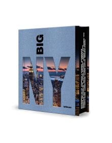 Book cover of BIG NEW YORK: The Most Iconic Photos, with the evening city skyline behind a large stencil of title. Published by teNeues Books.