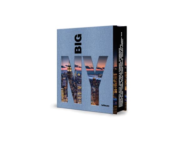 Book cover of BIG NEW YORK: The Most Iconic Photos, with the evening city skyline behind a large stencil of title. Published by teNeues Books.