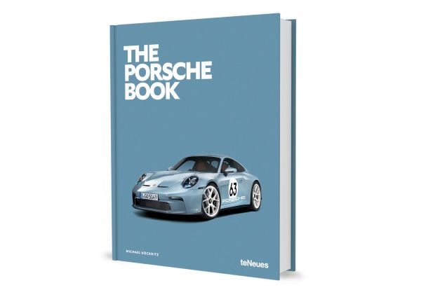 Book cover of Michael Köckritz's The Porsche Book, with a light blue Porsche 911 S-T 2024. Published by teNeues Books.