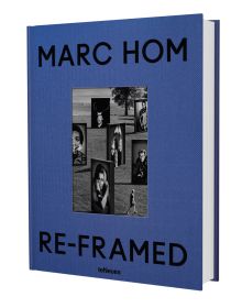 Book cover of Re-framed: Marc Hom, with large photographic prints standing in a field. Published by teNeues Books.